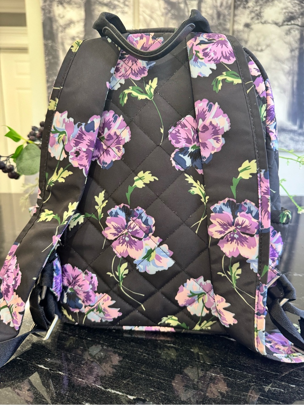 💜Vera Bradley Performance Twill Small Backpack in Floating Plum Pansies - Picture 2 of 6